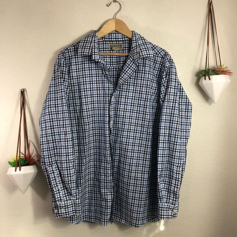 Duluth Trading Co blue plaid button up shirt